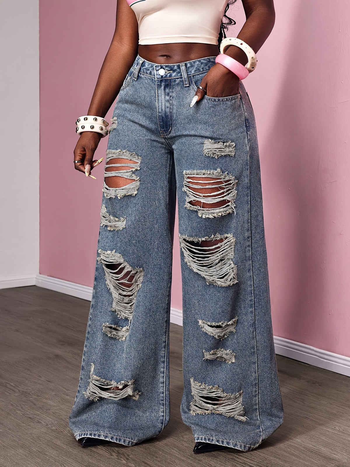 Pantalon grande taille, coupe évasée, toucher naturel, délavage, vue de profil