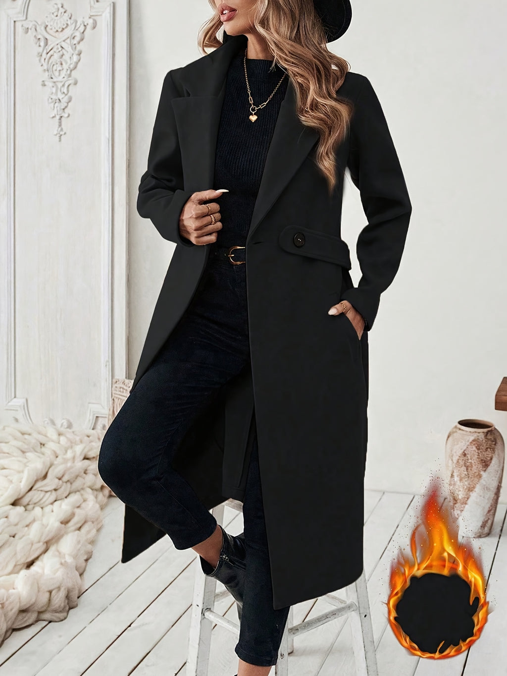 Manteau grande taille, boutonnage, poches pratiques, chaleur d'hiver, mise en situation