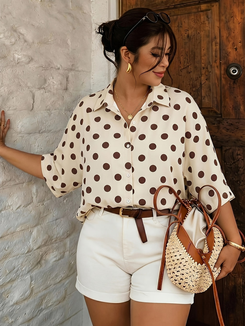 Chemise grande taille à pois, coupe oversize, manches courtes — composition : 100% Polyester