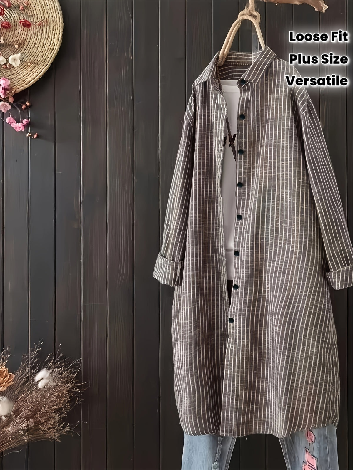 Chemise grande taille à rayures, coupe ample, col à revers, boutonnage, porté de face
