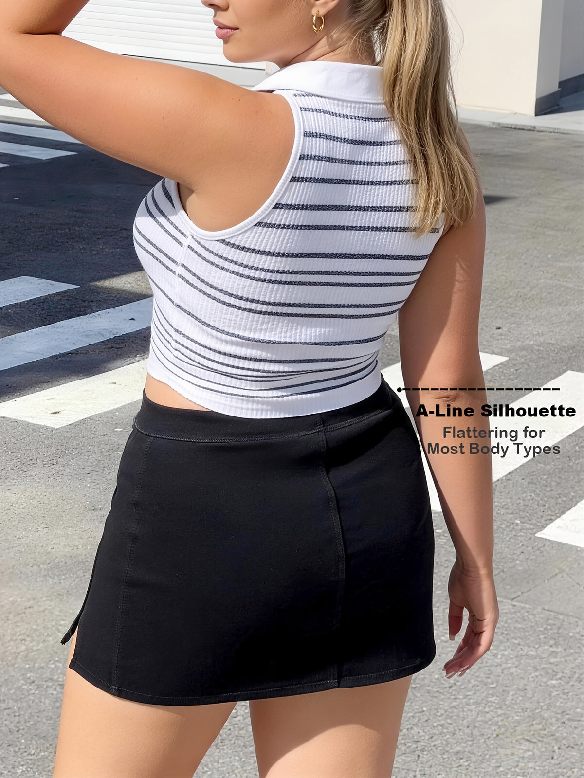 Jupe grande taille, coupe oversize, tenue franche, forte élasticité, mise en situation