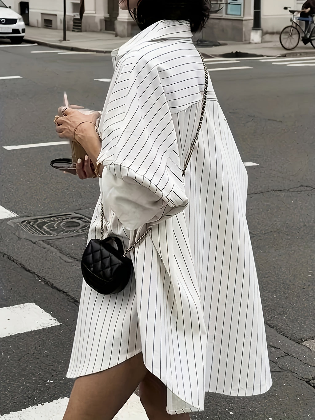 Chemise grande taille à rayures, coupe oversize, col à revers, poches plaquées, tissu opaque