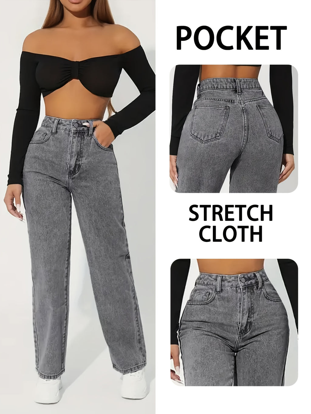 Jean grande taille, coupe droite — matière : polyester