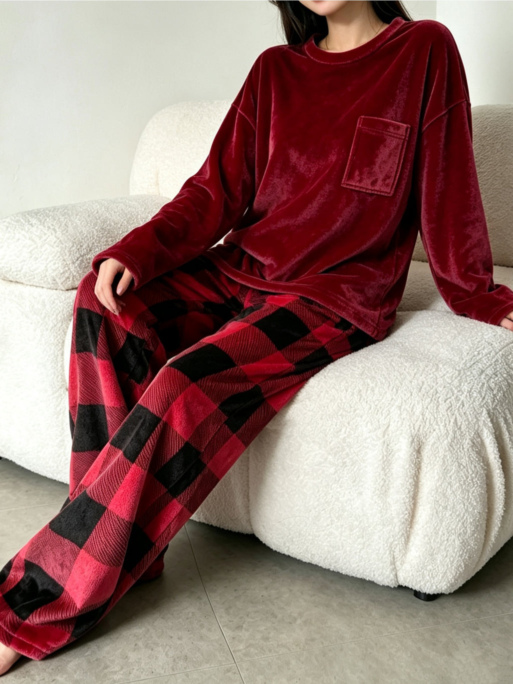 Pyjama grande taille à carreaux, chaleur d'hiver, esprit décontracté, tissu opaque