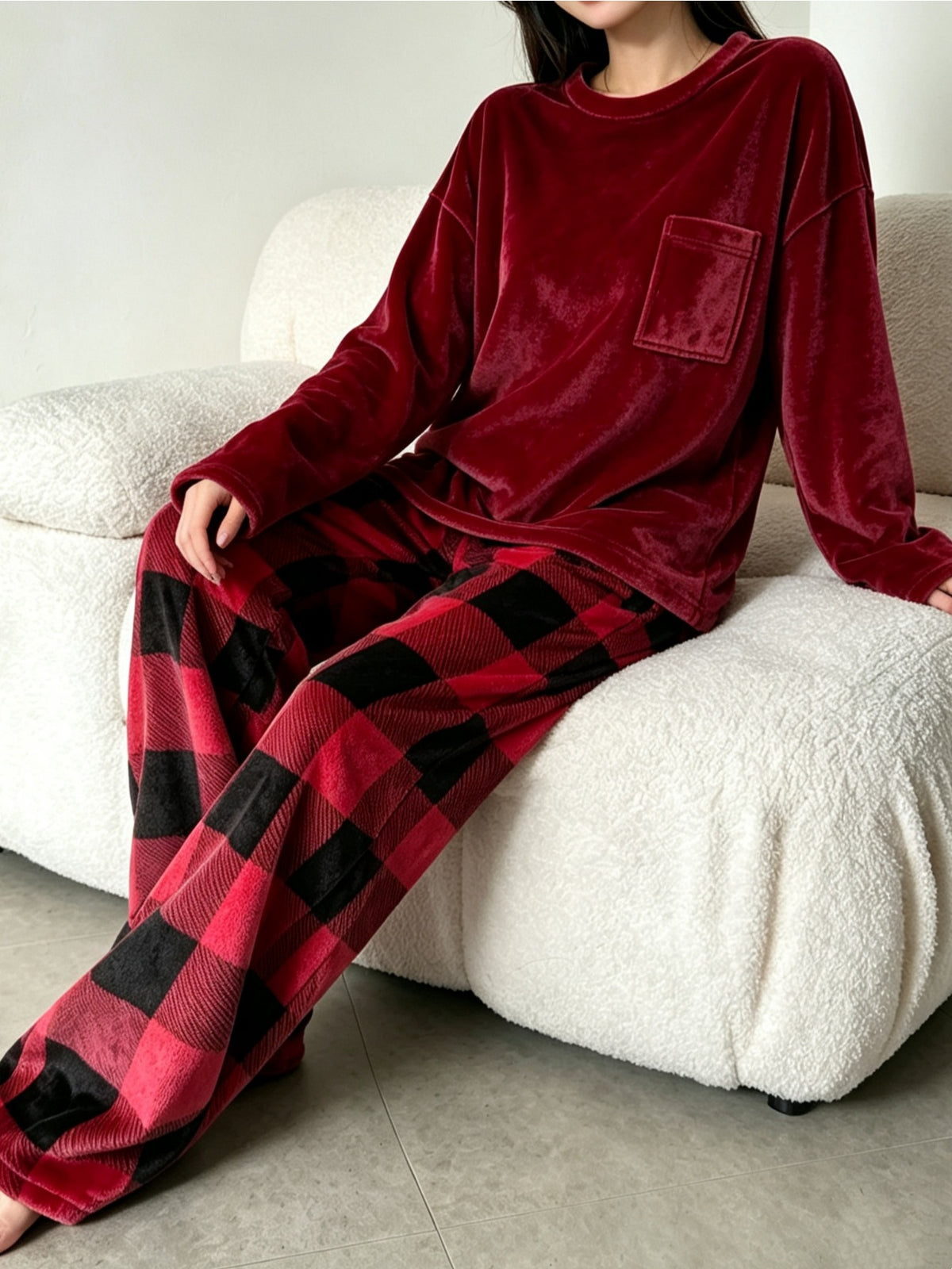 Pyjama grande taille à carreaux, chaleur d'hiver, esprit décontracté, tissu opaque