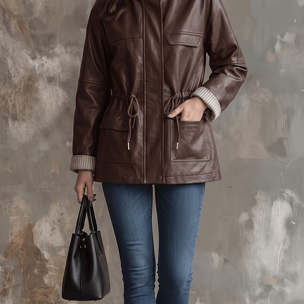 Veste grande taille en cuir synthétique, coupe ample, cordon — matière : cuir synthétique Image