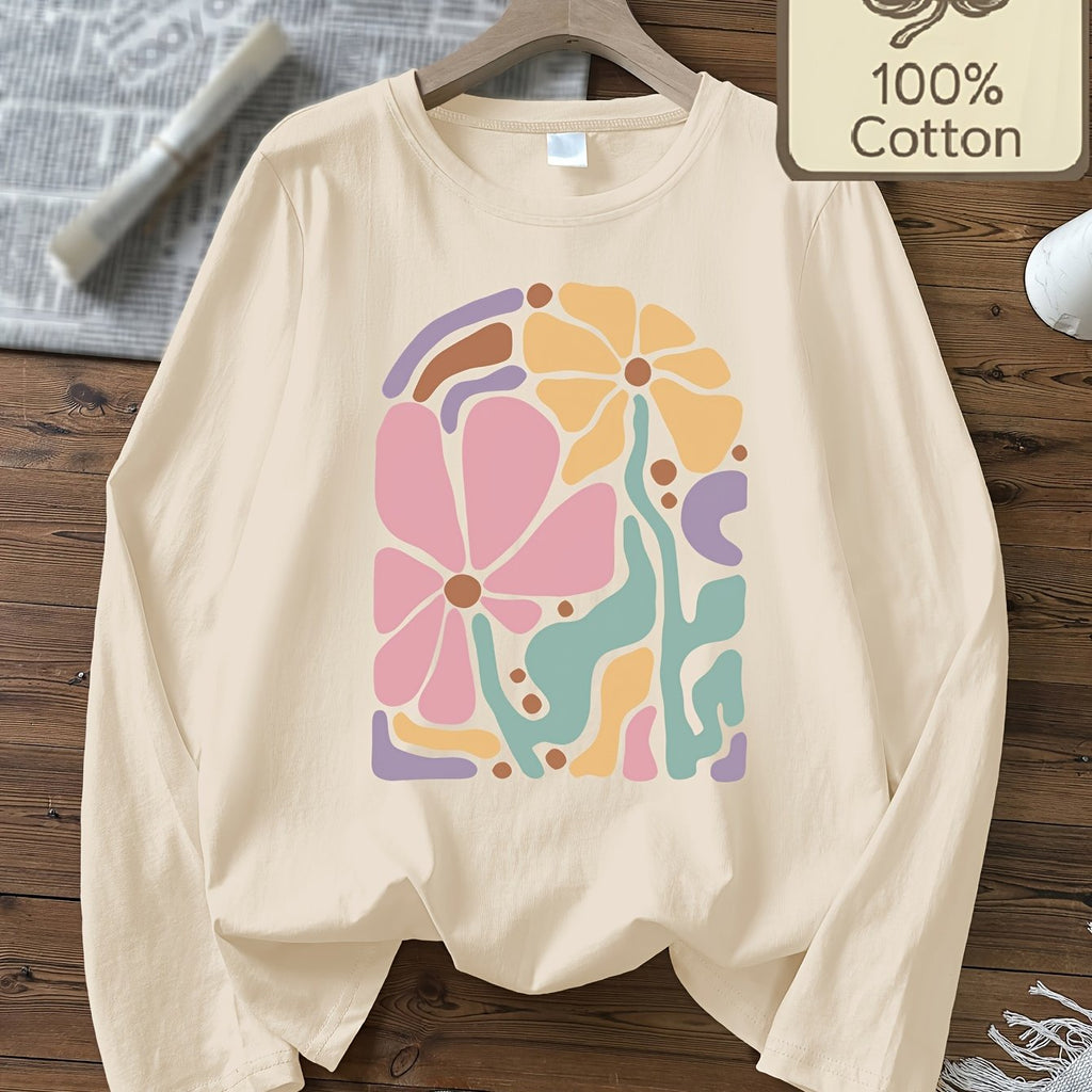 Top grande taille à imprimé fleuri, col V, manches longues, toucher naturel — matière : coton