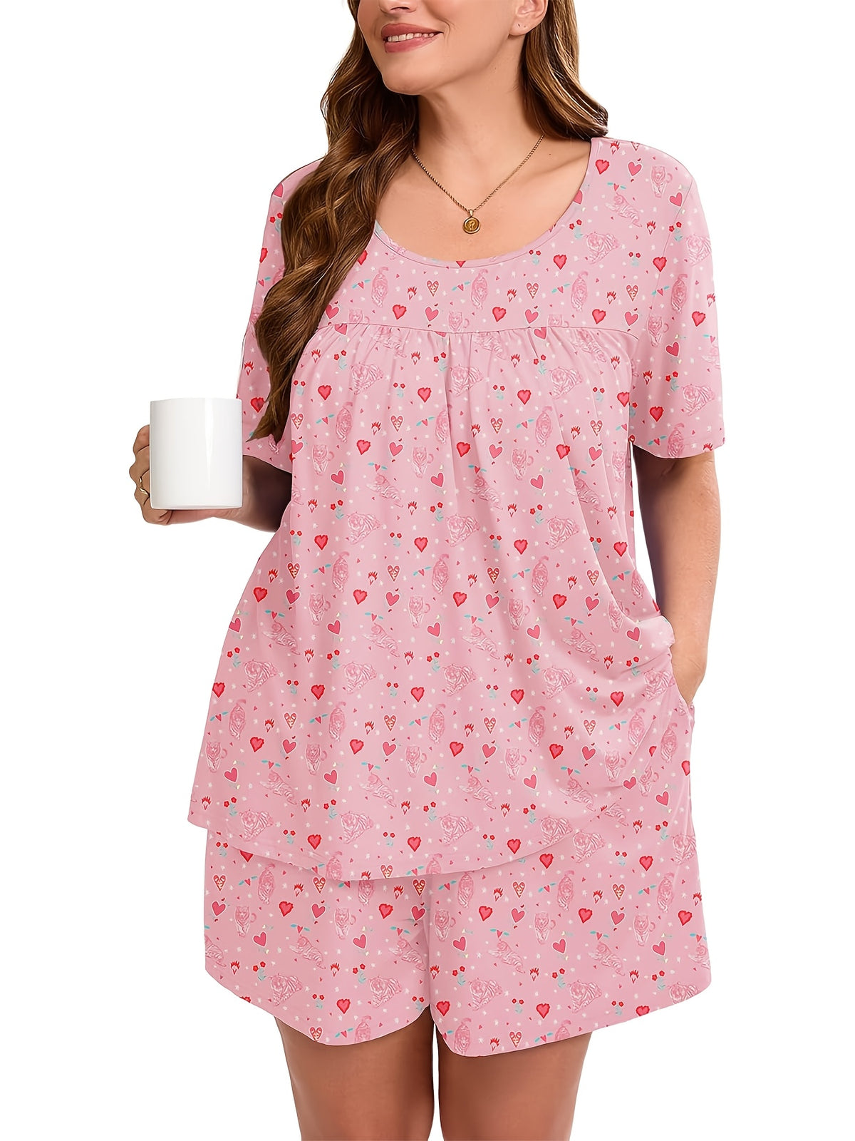 Pyjama grande taille à imprimé fleuri, manches courtes, visuel produit