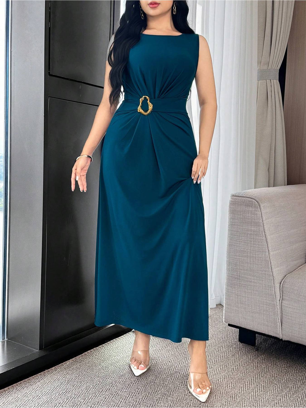 Robe longue grande taille — Bleu canard, anneau doré à la taille
