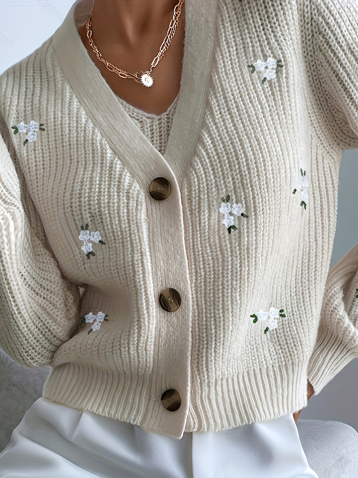 Cardigan grande taille à imprimé fleuri, coupe ample, col V, broderie Image