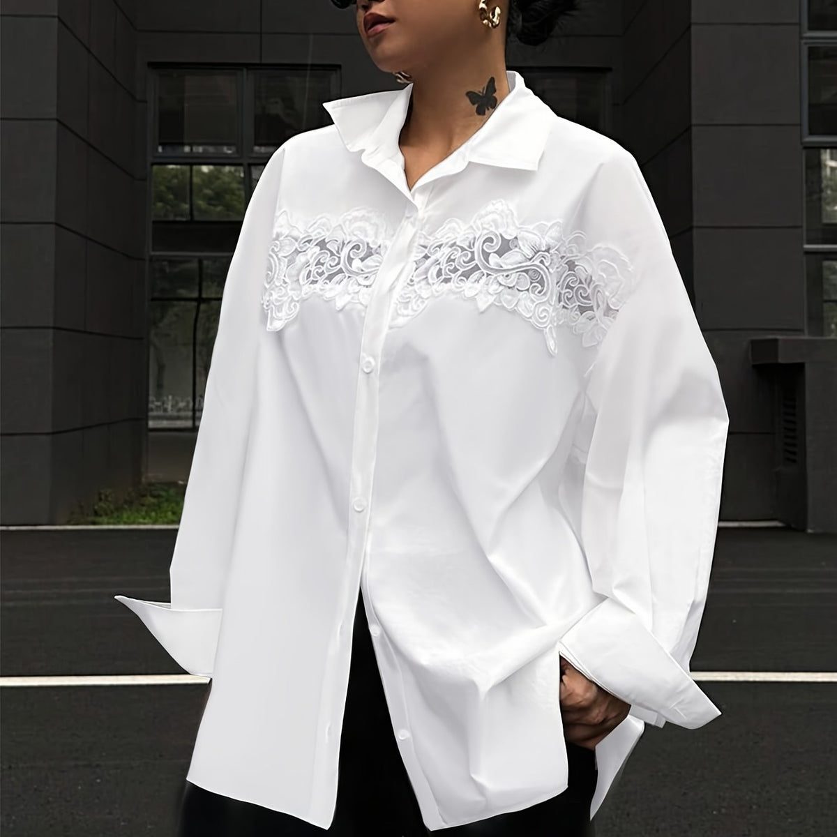 Chemise grande taille en dentelle, col — matière : polyester