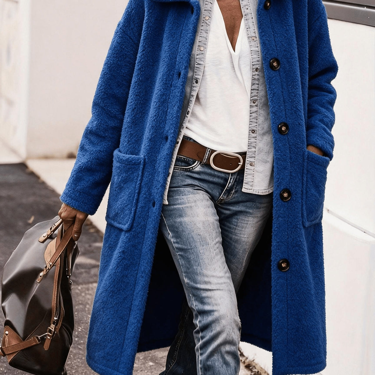 Manteau grande taille, coupe ample, boutonnage, poches pratiques — matière : polyester