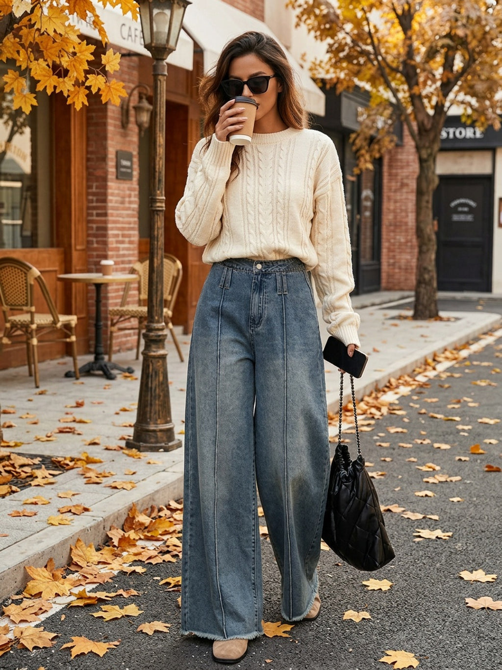 Jean grande taille, coupe évasée, tenue franche, jambe large, détail du tissu