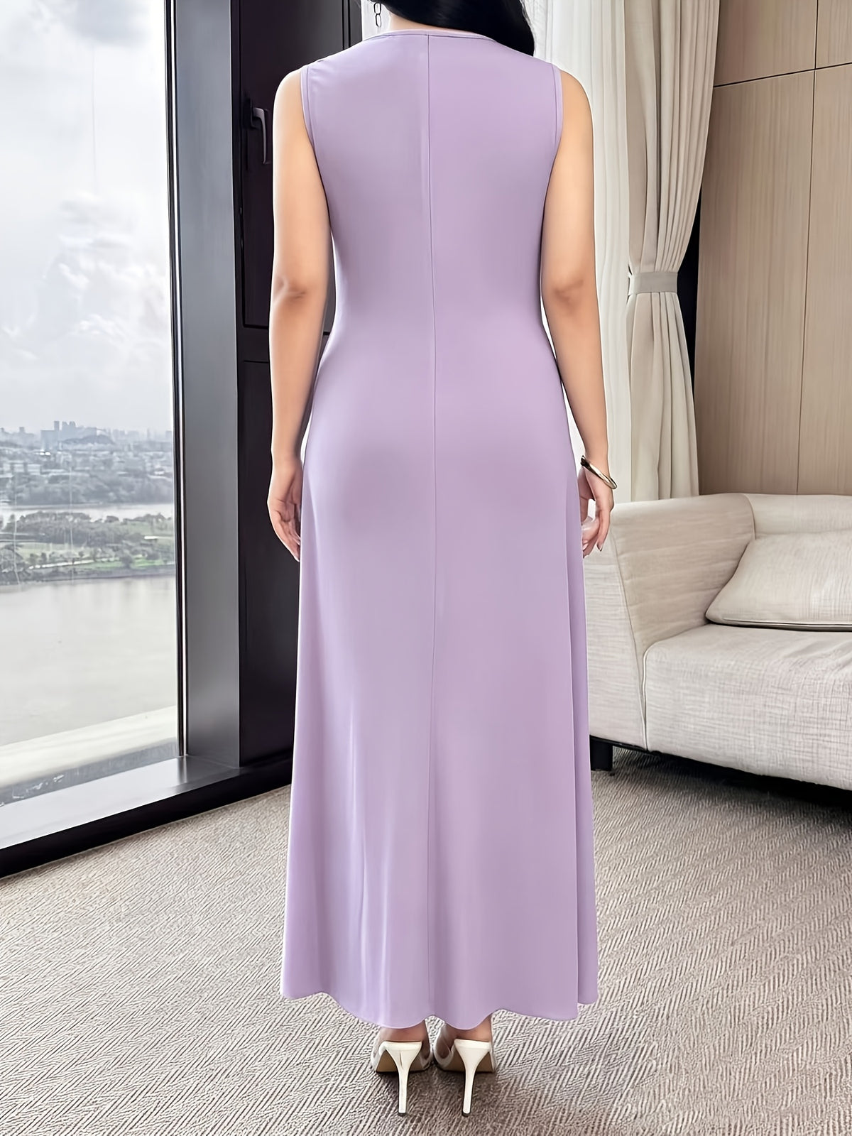 Robe longue grande taille — Bleu canard, anneau doré à la taille