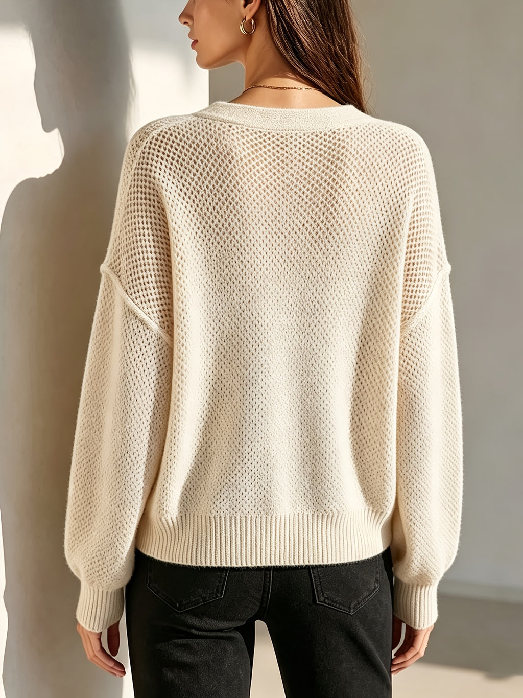Cardigan grande taille, col V, manches longues, chaleur d'hiver, détail du tissu