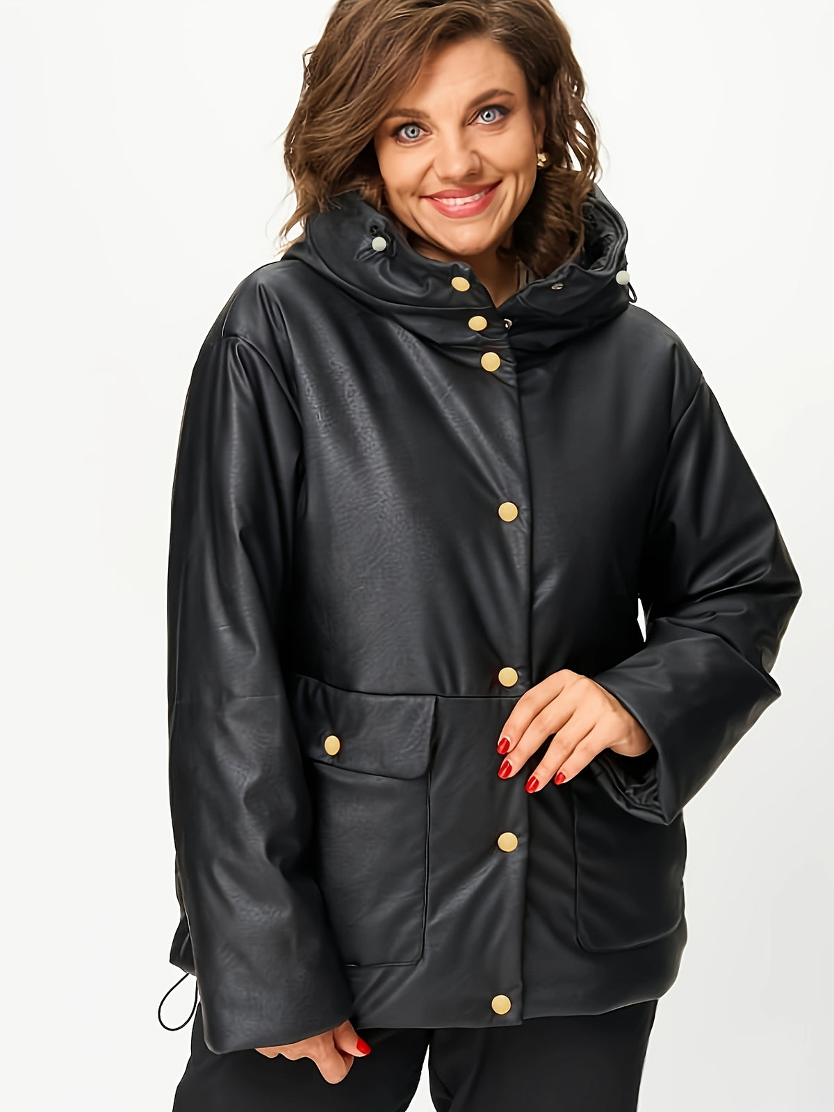 Robe grande taille en cuir synthétique, coupe ample, capuche, allure cuir Image