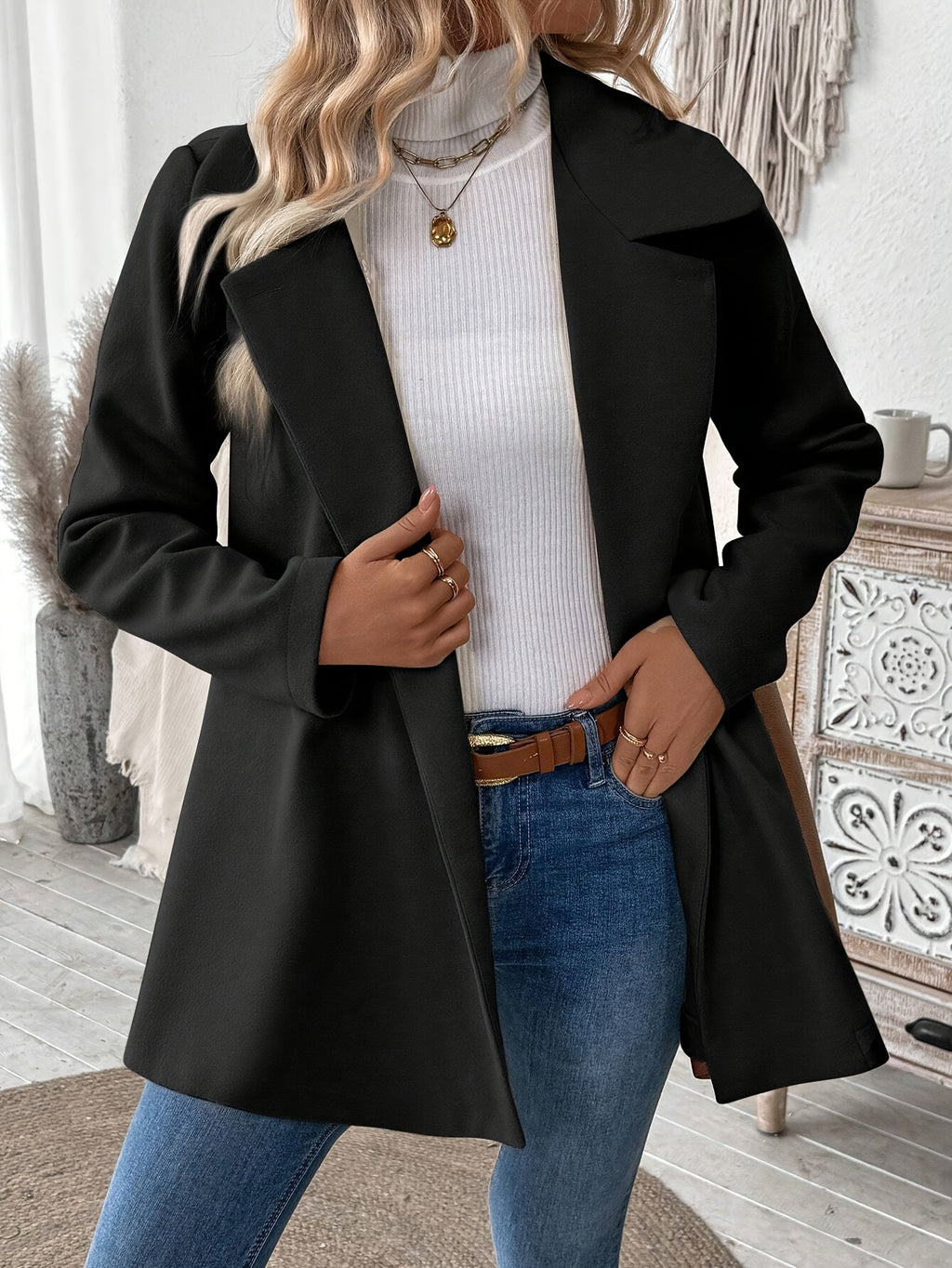 Manteau grande taille, col à revers, boutonnage, manches longues, autre coloris