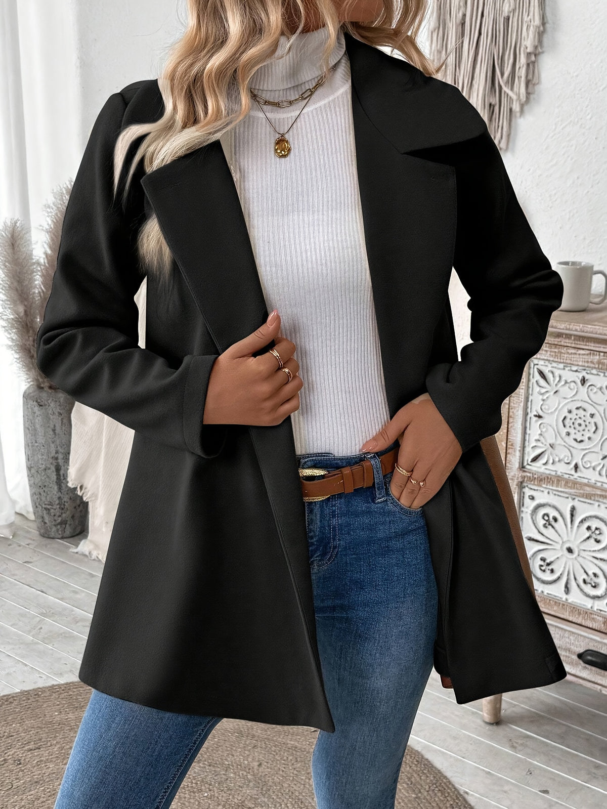 Manteau grande taille, col à revers, boutonnage, manches longues, autre coloris