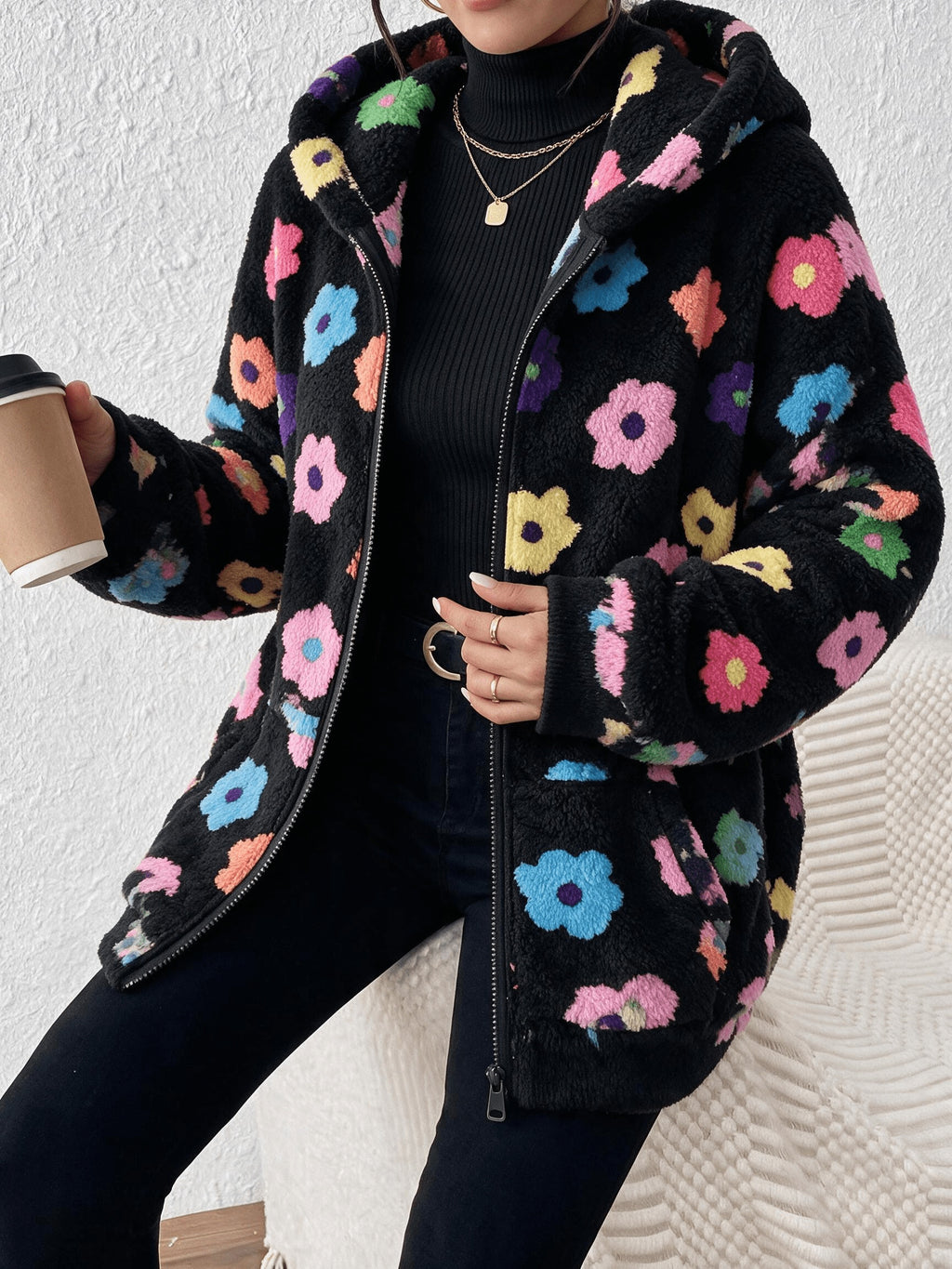 Manteau grande taille à imprimé fleuri, capuche, chaleur d'hiver, vue de profil