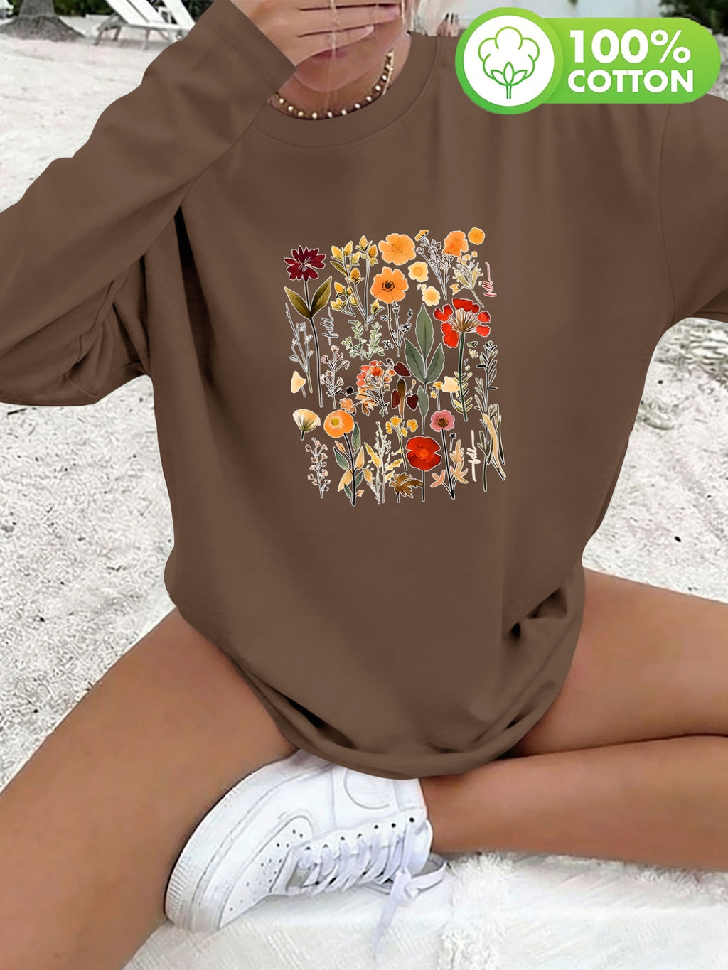 T-shirt grande taille à imprimé fleuri, manches longues, toucher naturel, détail du tissu