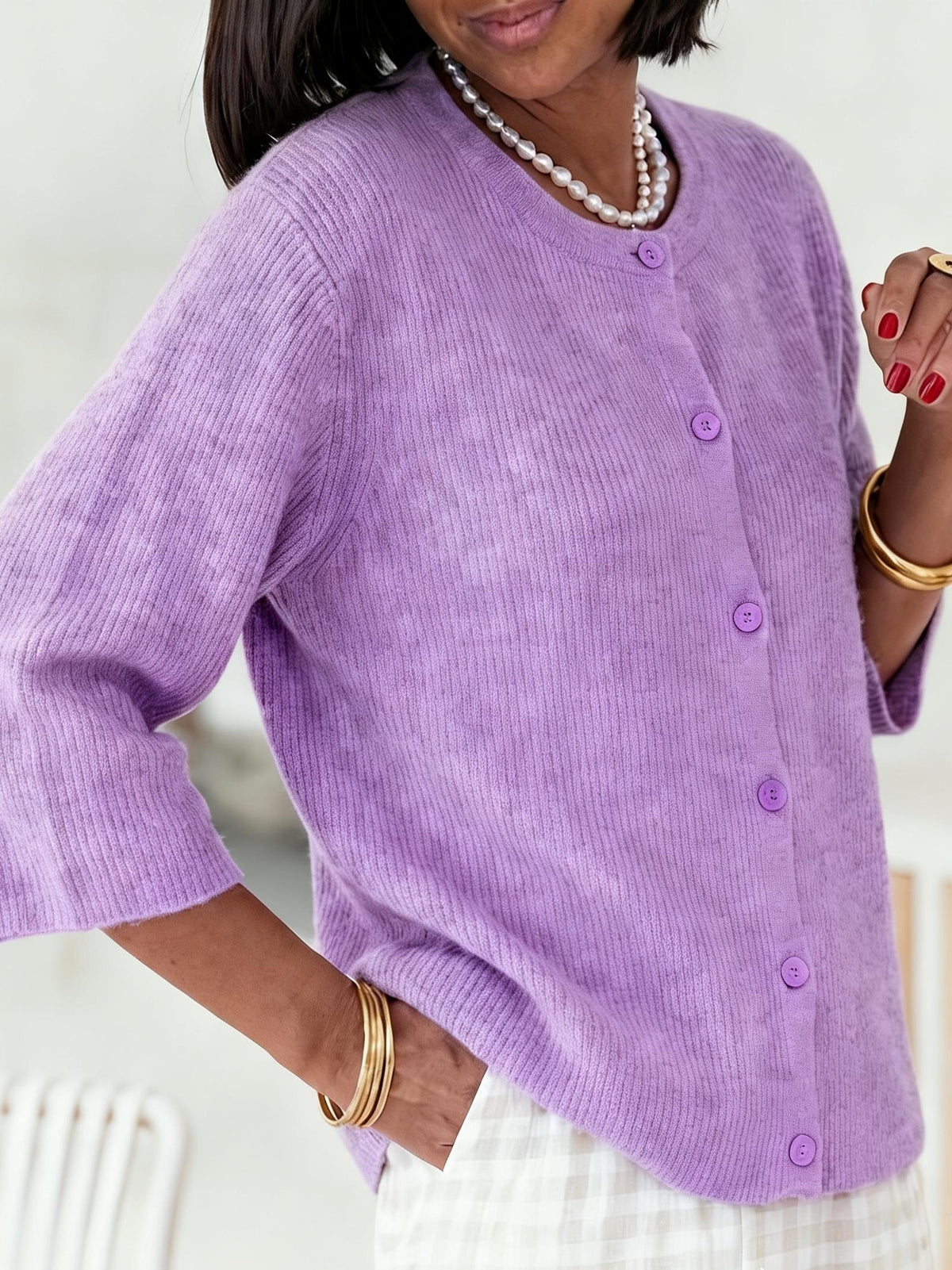 Cardigan grande taille, col rond, mise en situation