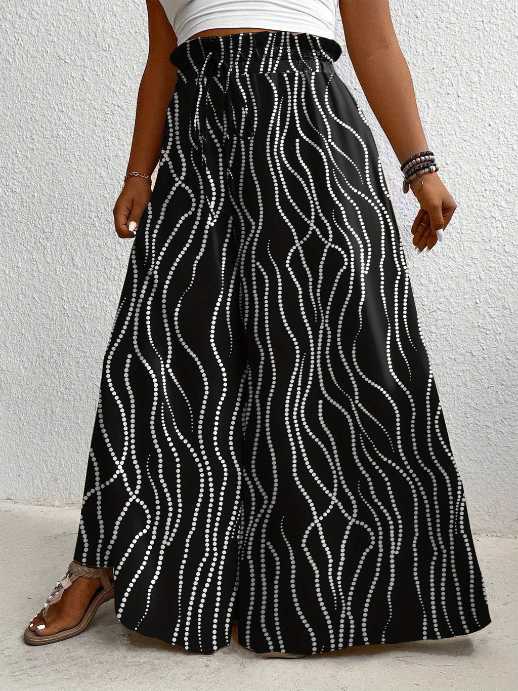 Pantalon grande taille à pois, coupe évasée, esprit vacances — composition : 100% Polyester