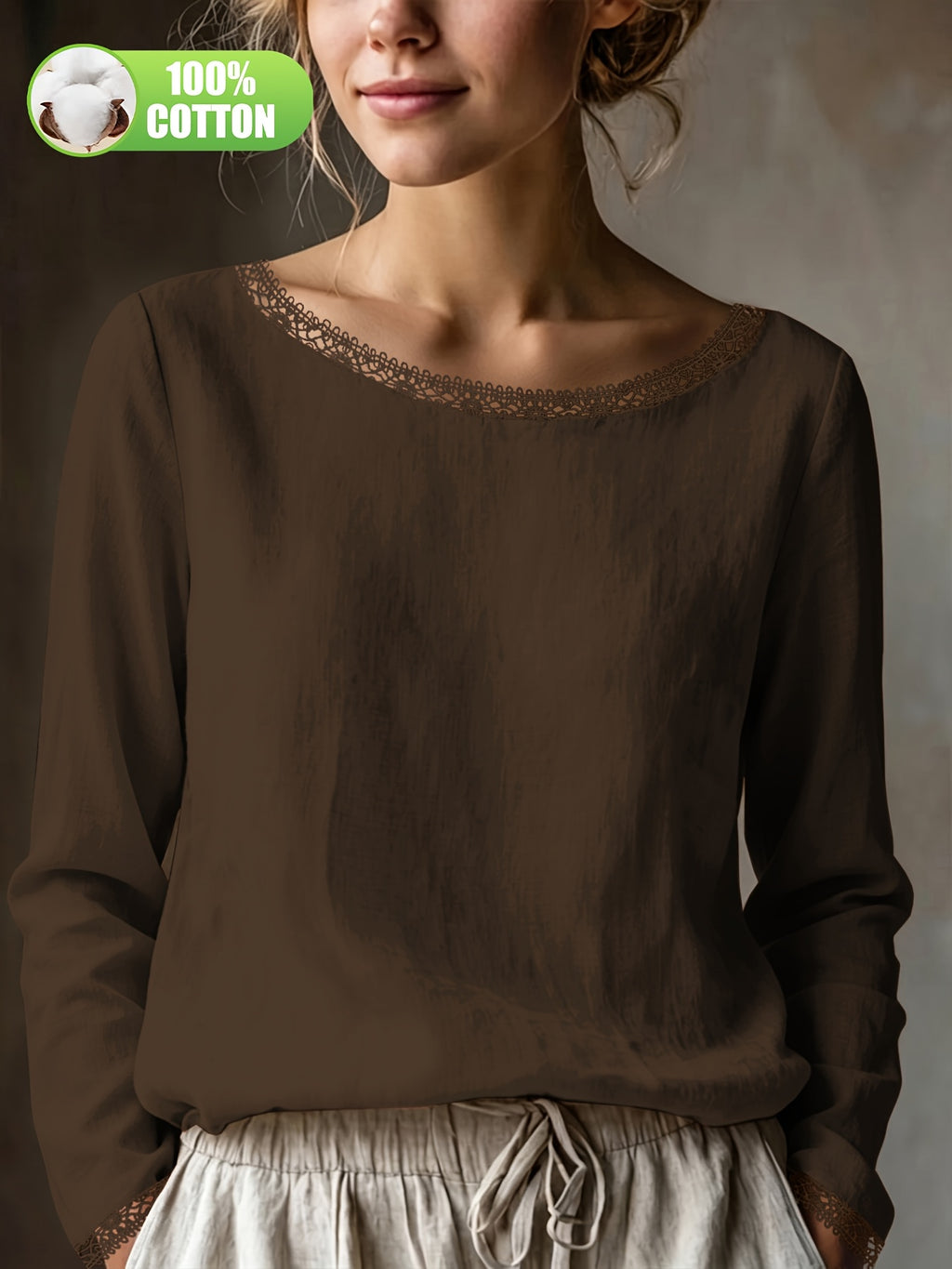 Top grande taille en dentelle, coupe ample, manches longues, toucher naturel, détail du tissu