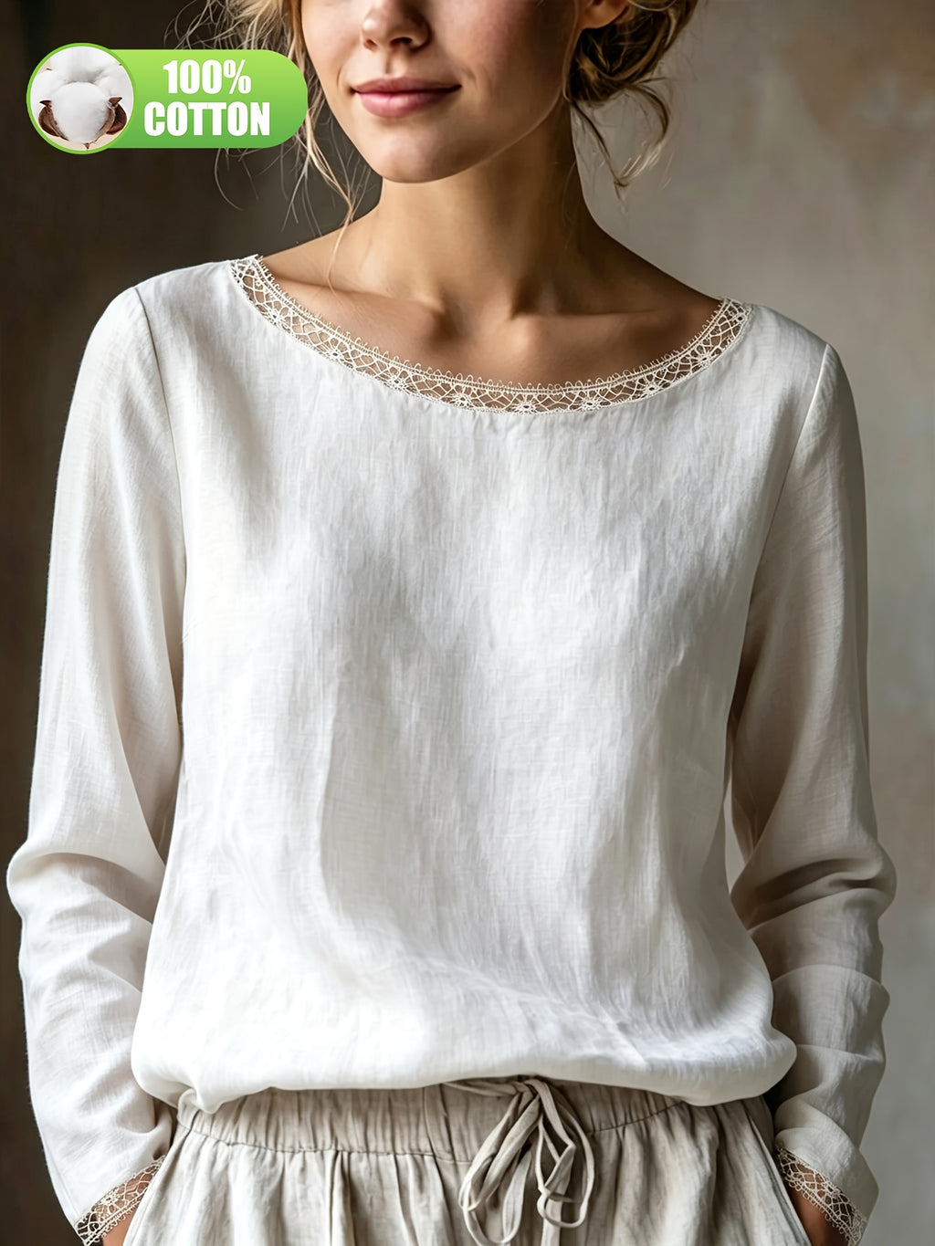 Top grande taille en dentelle, coupe ample, manches longues, toucher naturel, mise en situation
