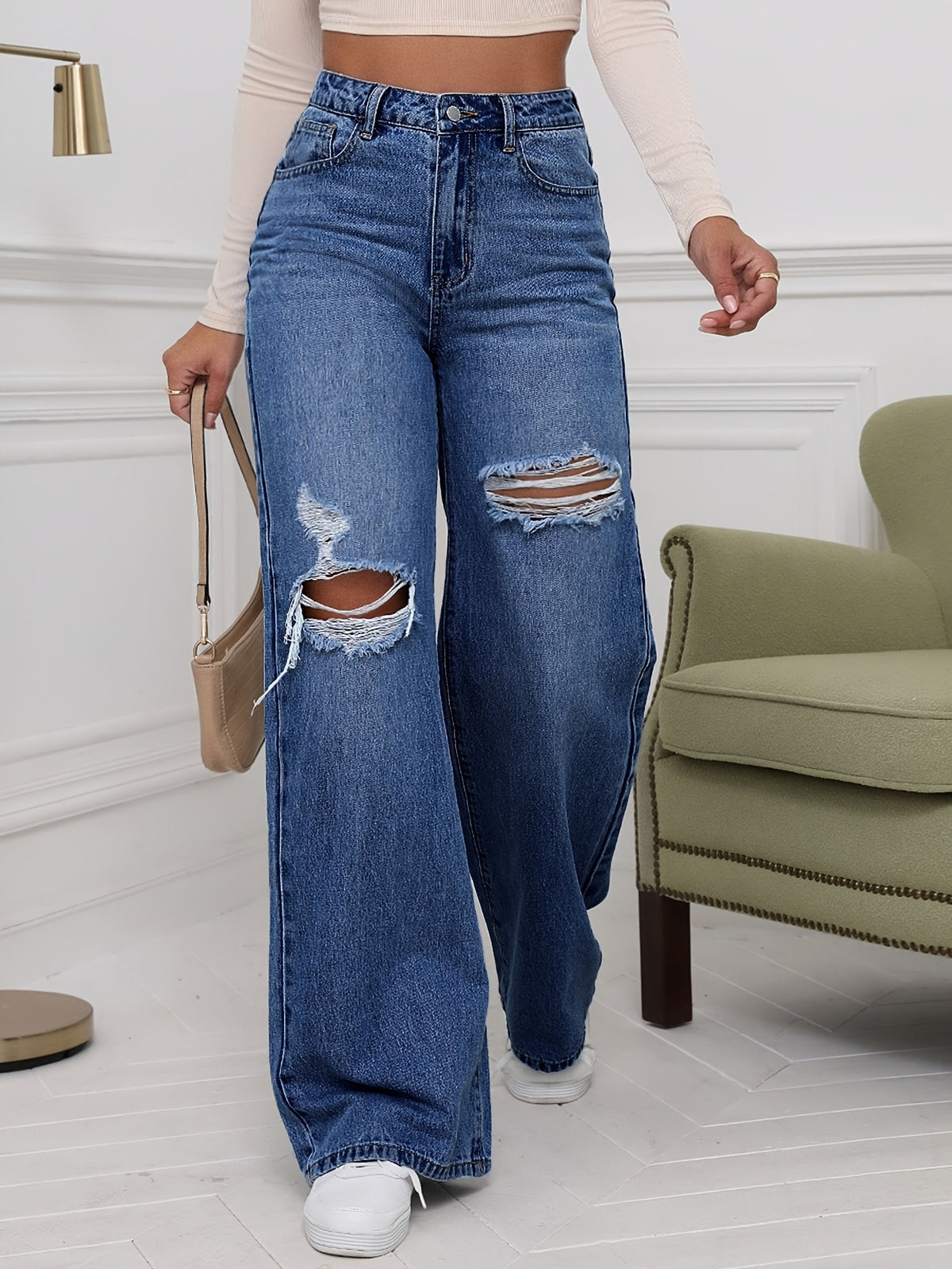 Jean grande taille, coupe évasée, tenue franche, jambe large — composition : 73% Coton, 25% Polyester, 2% Élasthanne