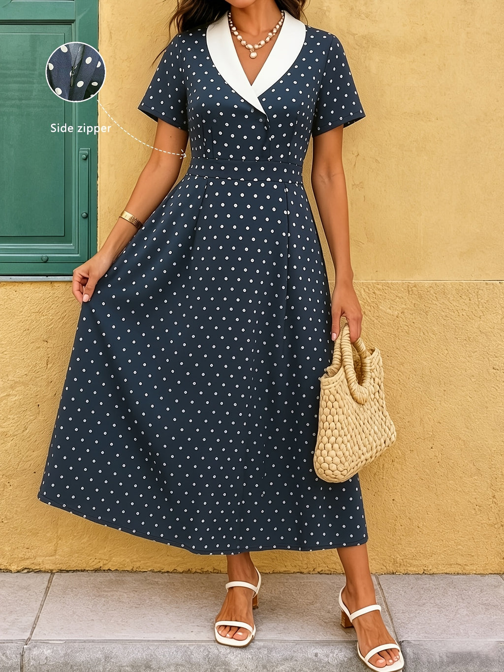Robe midi grande taille — Imprimé à pois et revers blancs