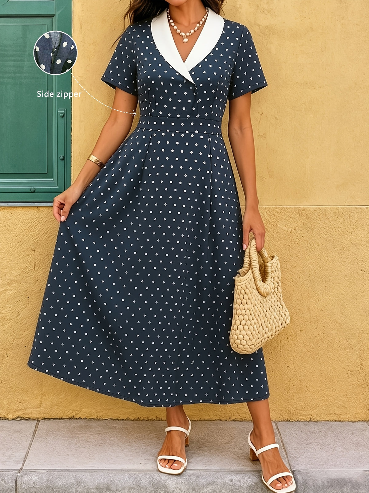 Robe midi grande taille — Imprimé à pois et revers blancs