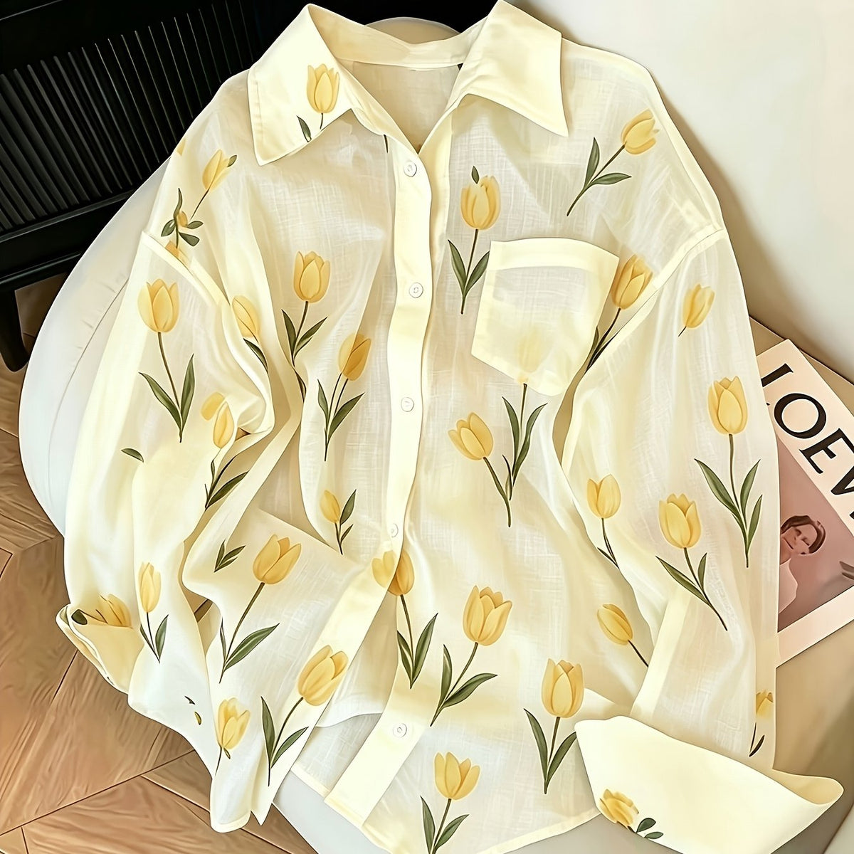 Chemise grande taille à imprimé fleuri, col — matière : polyester