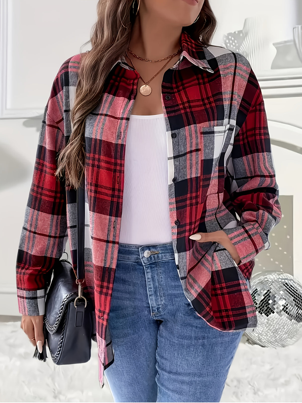 Top grande taille à carreaux, coupe oversize, manches longues