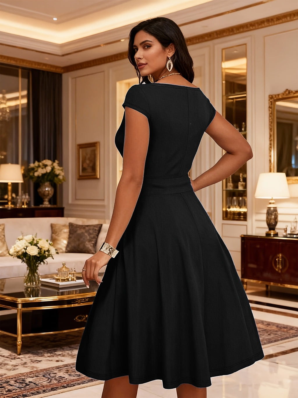 Robe midi grande taille — Buste froncé et jupe cercle au genou