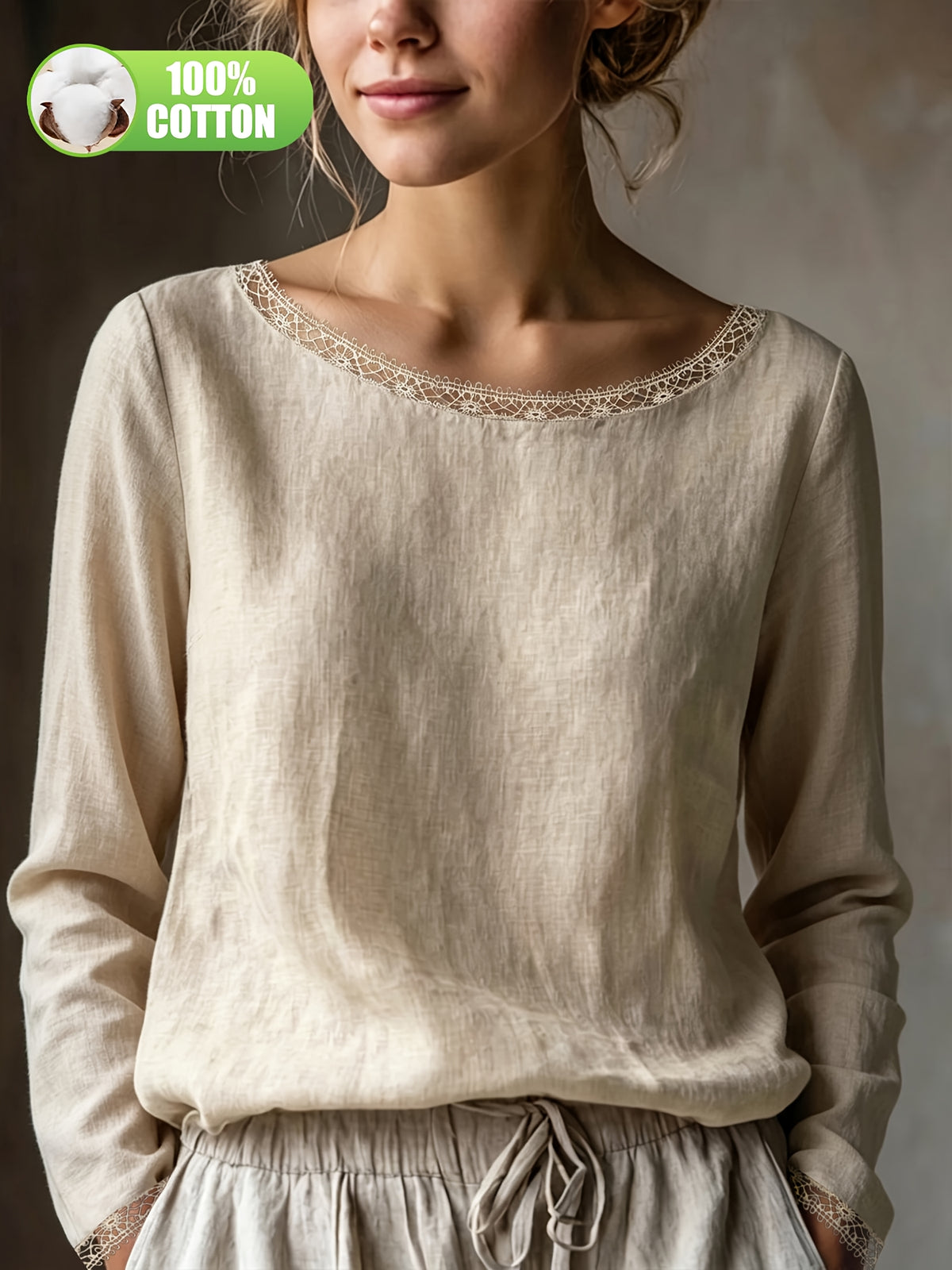 Top grande taille en dentelle, coupe ample, manches longues, toucher naturel — composition : 100% Coton Image