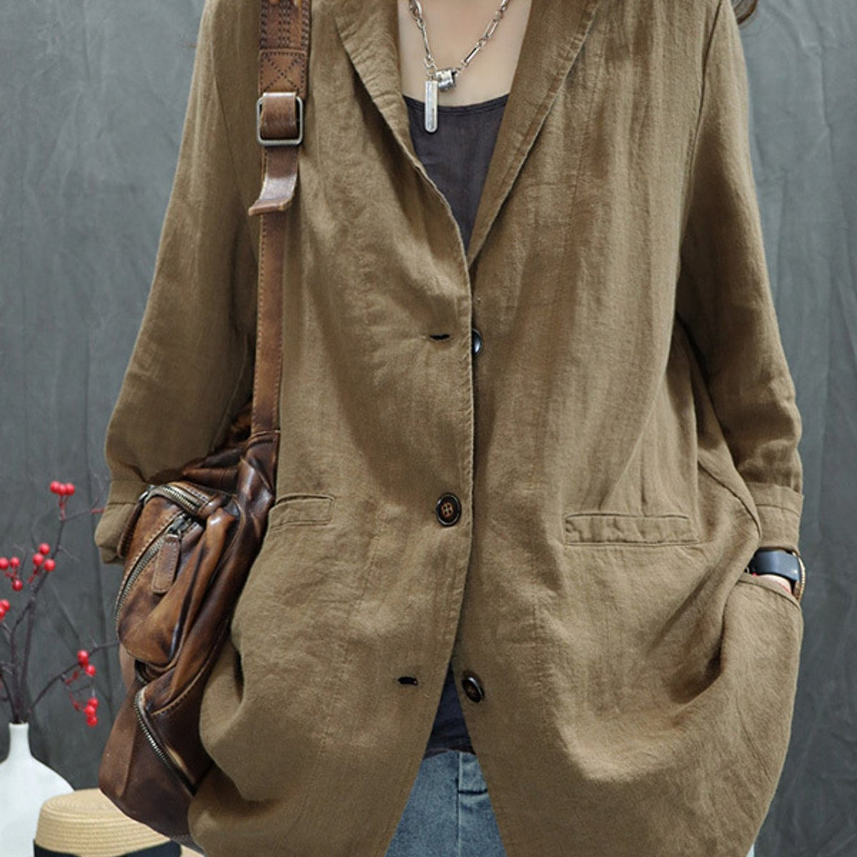 Blazer grande taille en lin, coupe ample, manches longues, tenue souple