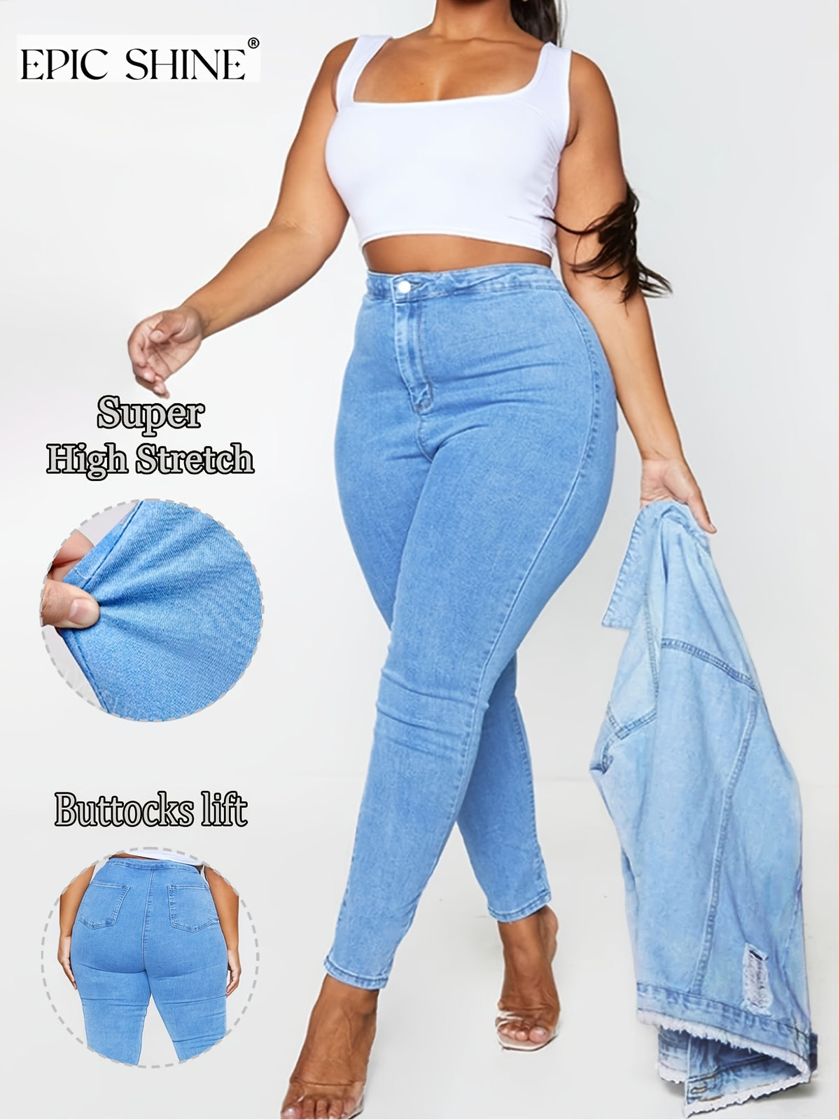 Jean grande taille, coupe ajustée, poches plaquées, tenue franche — matière : denim