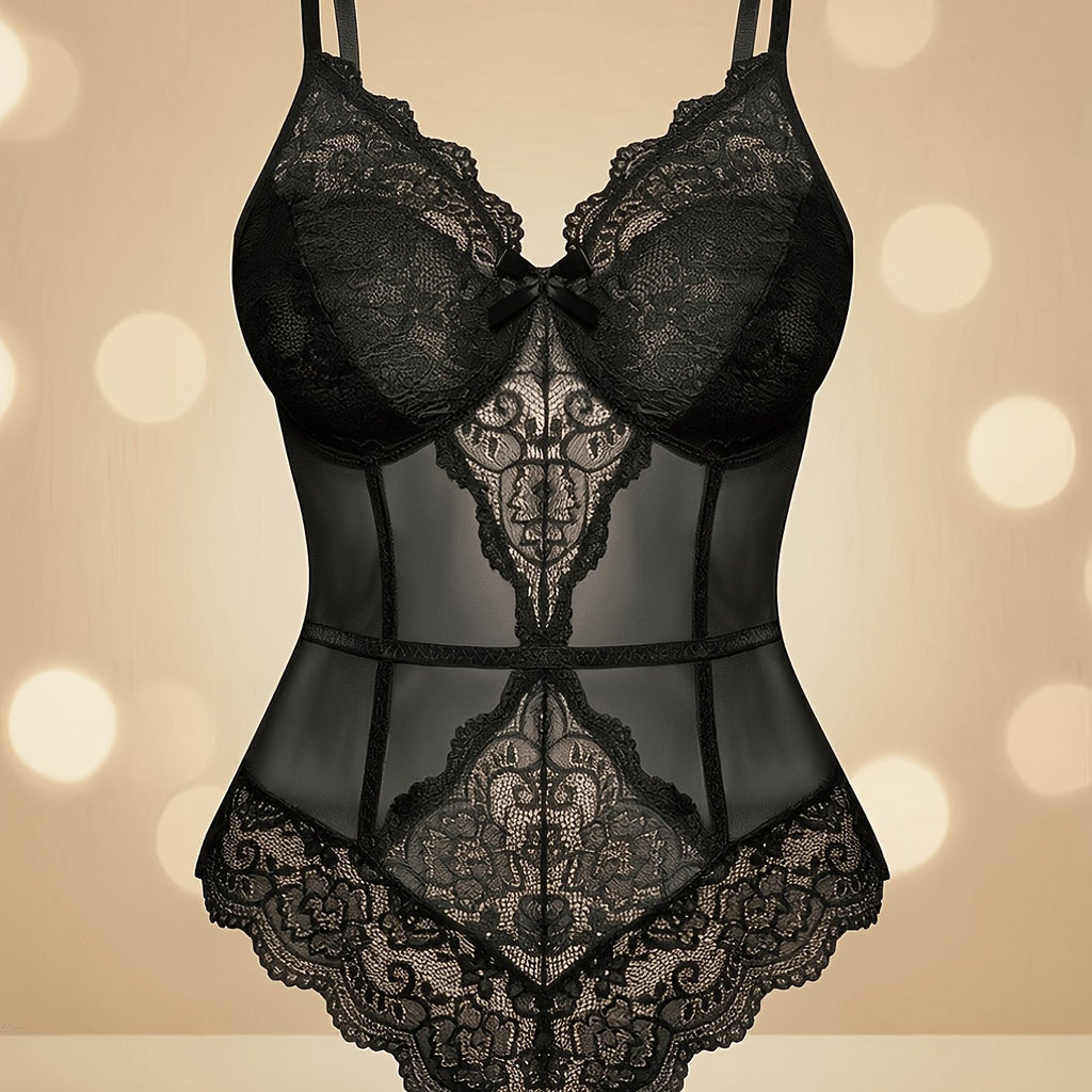 Body gainant grande taille en dentelle à imprimé fleuri, col V, effet ajouré — matière : polyamide