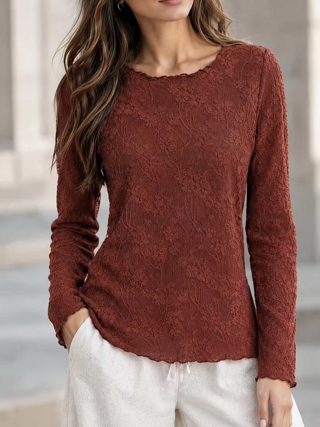 Top grande taille en dentelle, effet ajouré, chaleur d'hiver