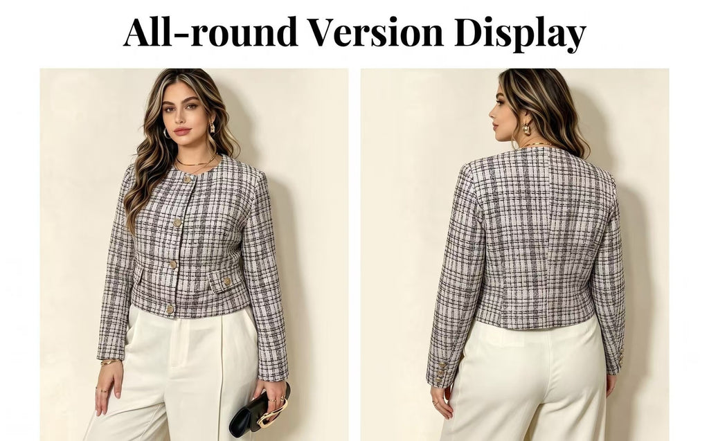 Veste grande taille en tweed, vu de dos