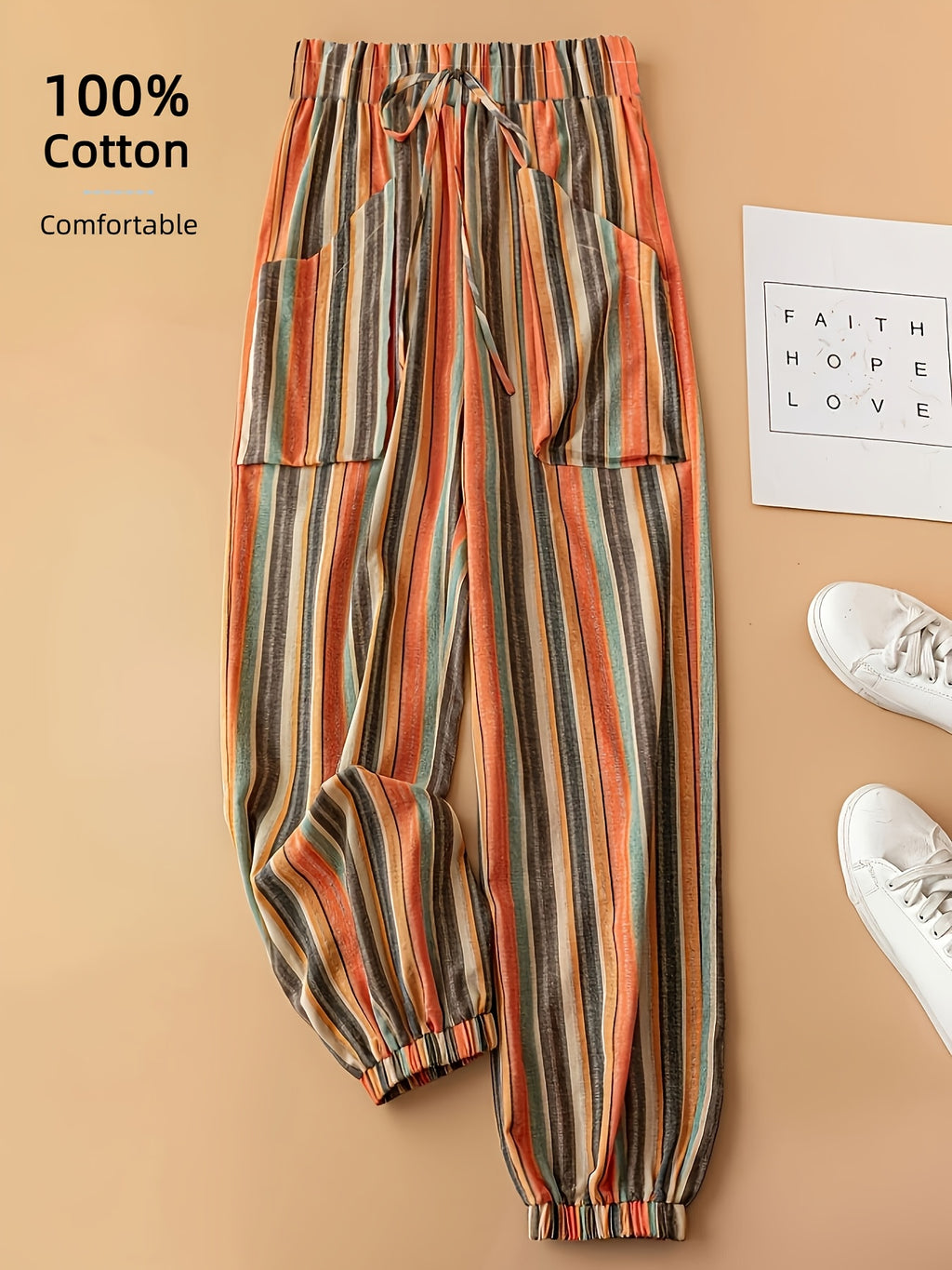 Pantalon grande taille à rayures, coupe droite, cordon — matière : coton