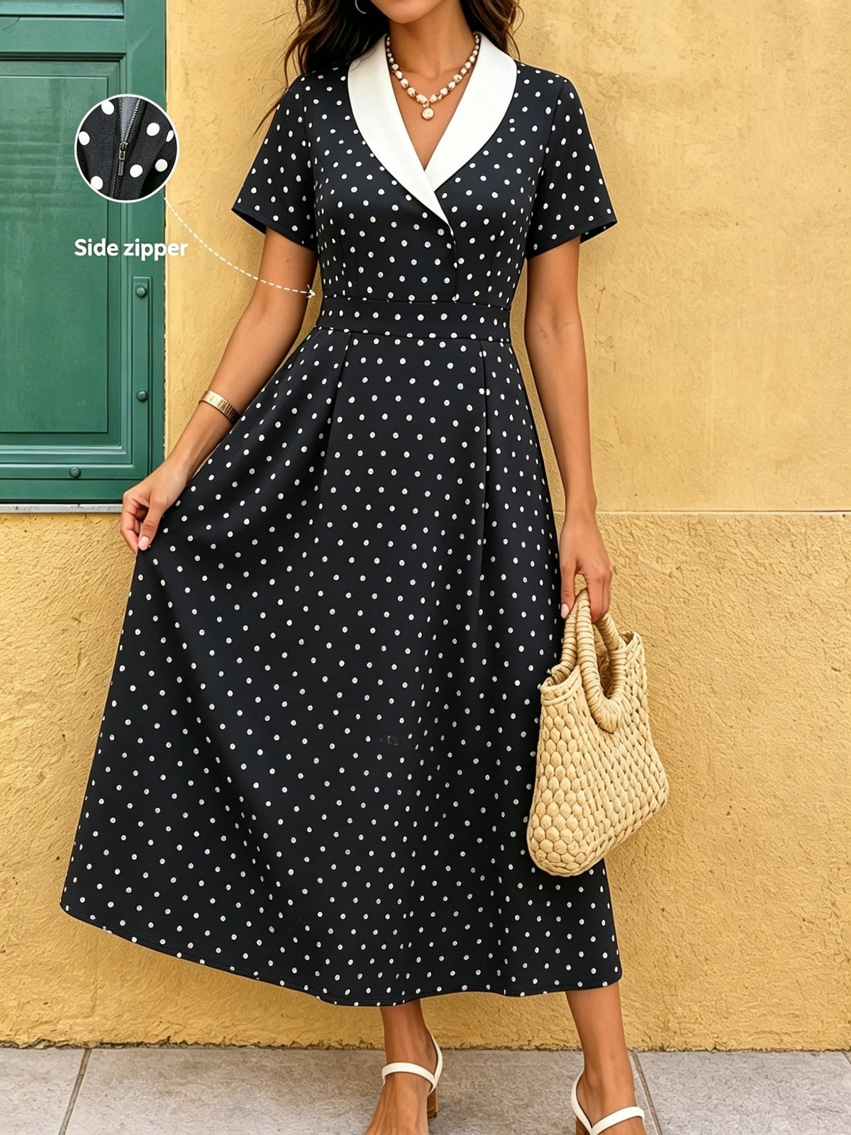 Robe midi grande taille — Imprimé à pois et revers blancs