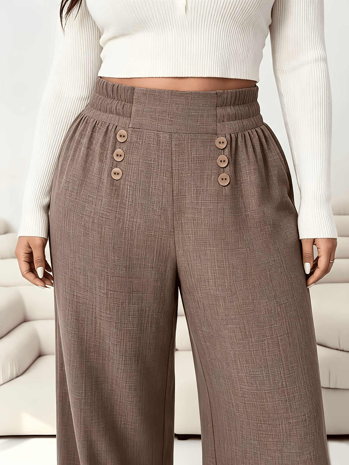 Pantalon grande taille, coupe évasée, doublure, tissu opaque
