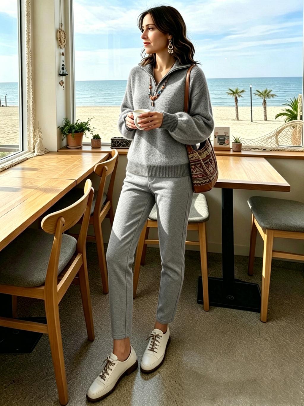 Pull grande taille en laine, coupe ample, fermeture zippée, tenue chaude, visuel produit