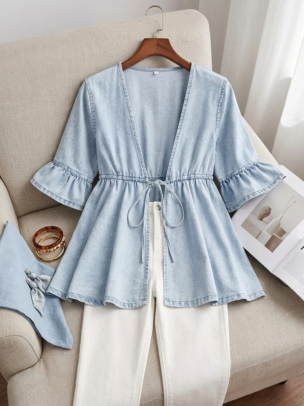 Veste grande taille, coupe ample, volants, tenue franche, tissu opaque