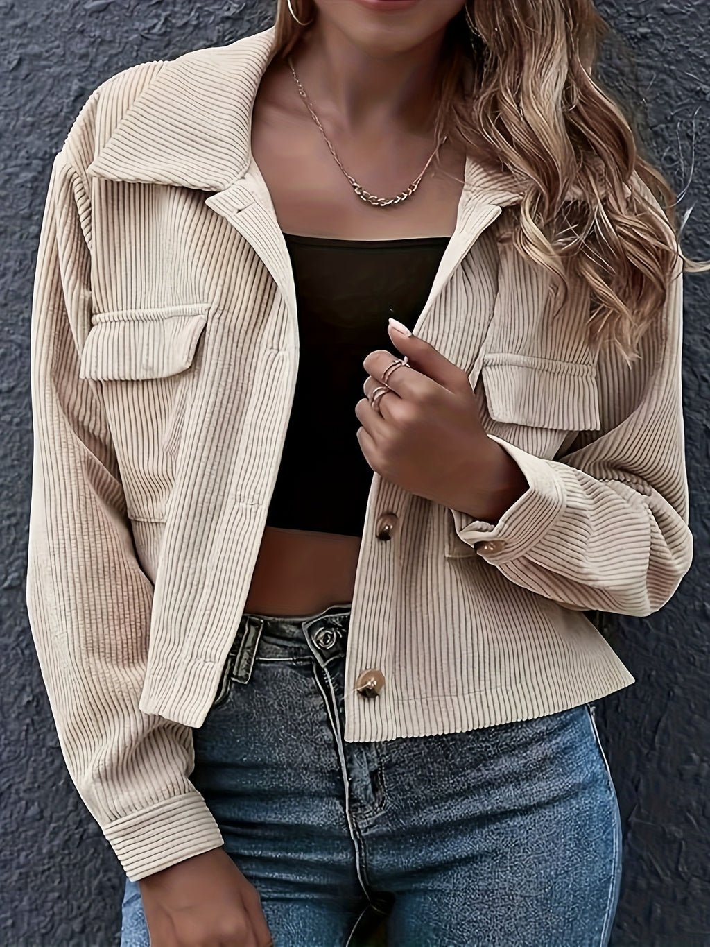 Veste grande taille en velours côtelé à rayures, coupe ample, col