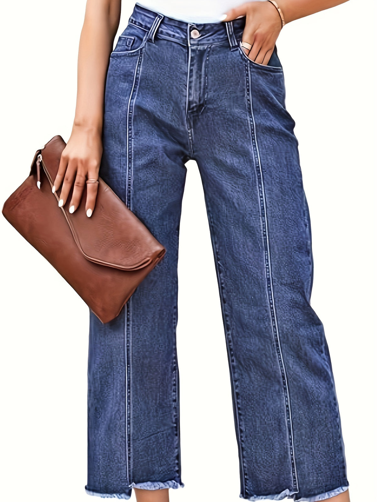 Jean grande taille, coupe évasée, tombé fluide, jambe large — composition : 65% Coton, 20% Polyester, 14% Viscose, 1% Élasthanne