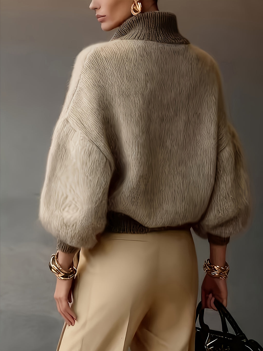 Pull grande taille en laine, coupe ample, fermeture zippée, tenue chaude, vu de dos