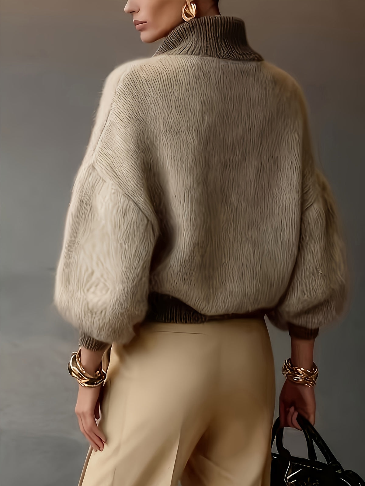 Pull grande taille en laine, coupe ample, fermeture zippée, tenue chaude, vu de dos