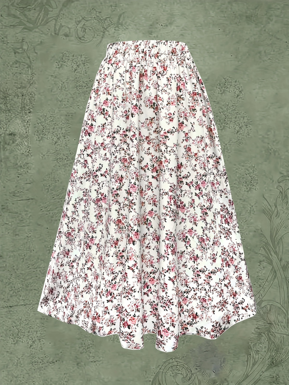 Jupe grande taille à imprimé fleuri, coupe évasée, allure élégante, vue de profil